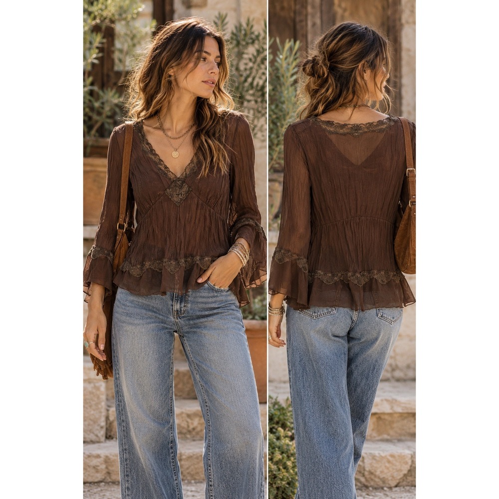 Allison Taylor Brown Lace Bell Sleeve Blouse M Y2K Whimsigoth Fairy Grunge Boho